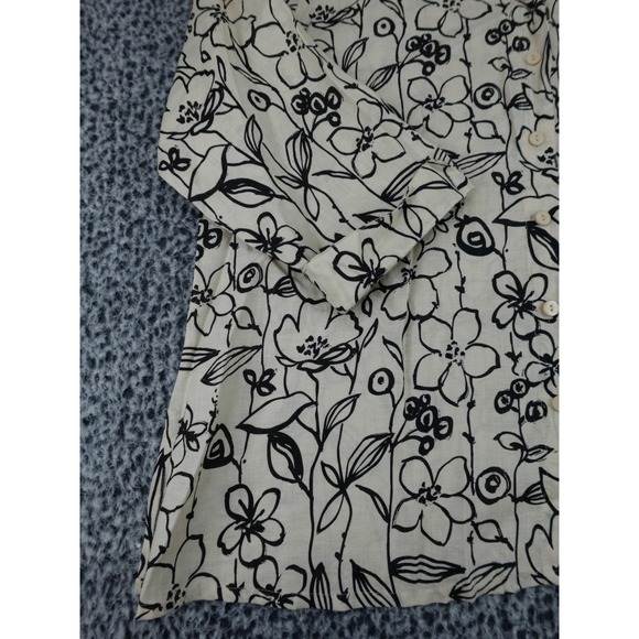 Carole Little Woman 3X Cream Black Floral 100% Linen Button Up Shirt 3/4 Sleeve - Picture 5 of 10